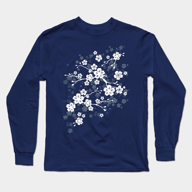 Navy blue cherry blossom Long Sleeve T-Shirt by adenaJ